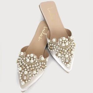 Flora Ivory Satin Pearl Embroidered Pointed-Toe Flats